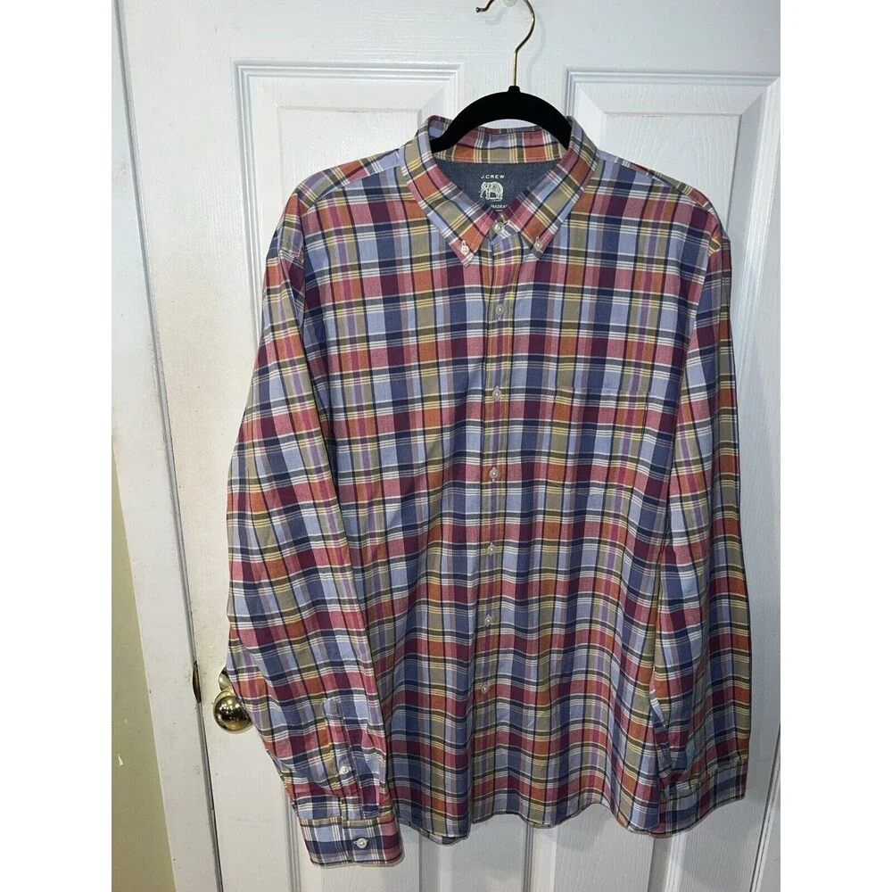 J Crew Tailored Madras Shirt Mens XL Button Front Long Sleeve Blue Plaid preppy
